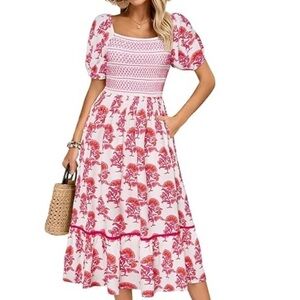 Kate Kasin Woman Pink and White Floral Midi Dress